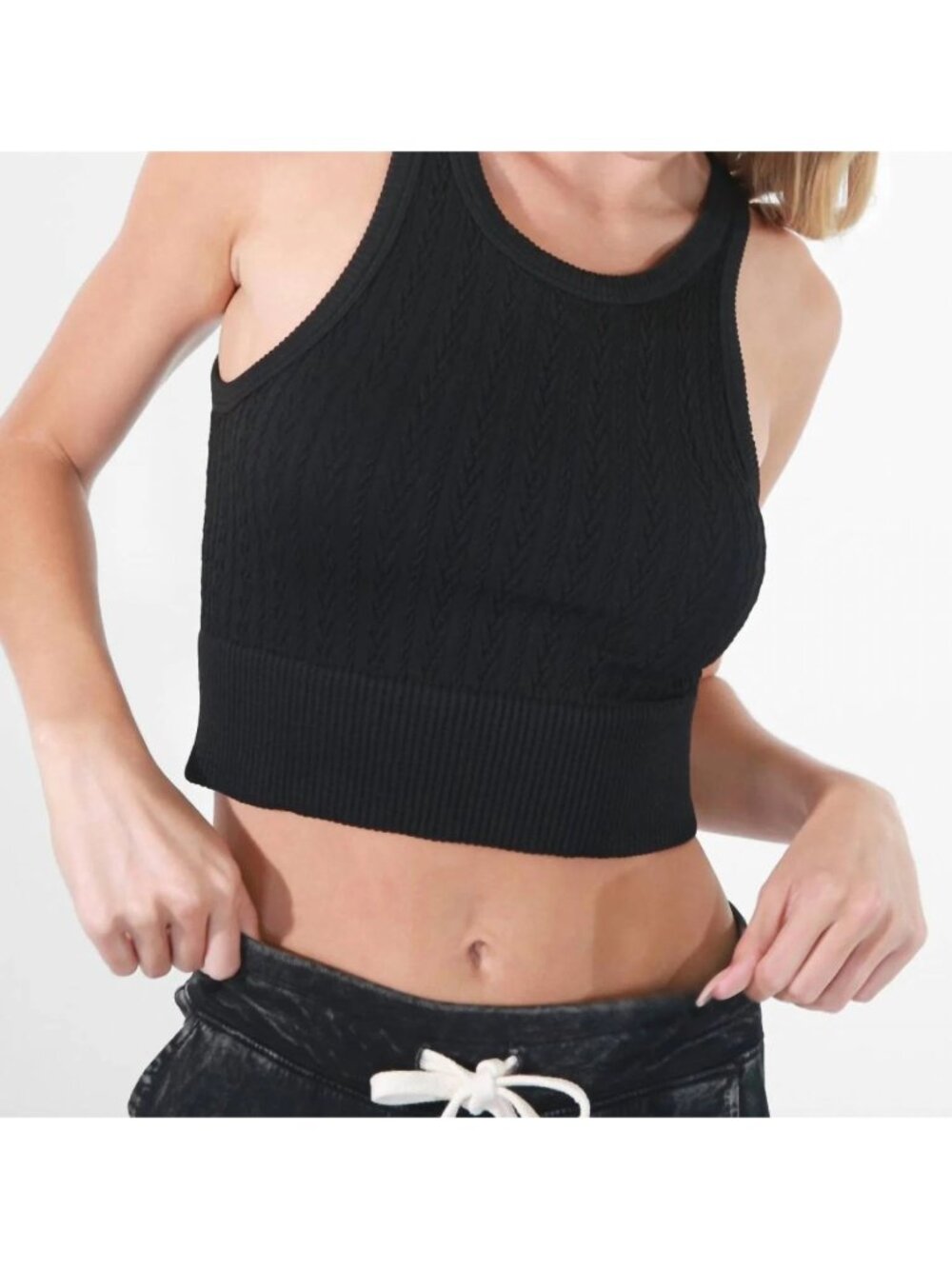 Nikibiki Crop Top Cable Knit High Neck Sleeveless Black Stretch Minimalist Chic